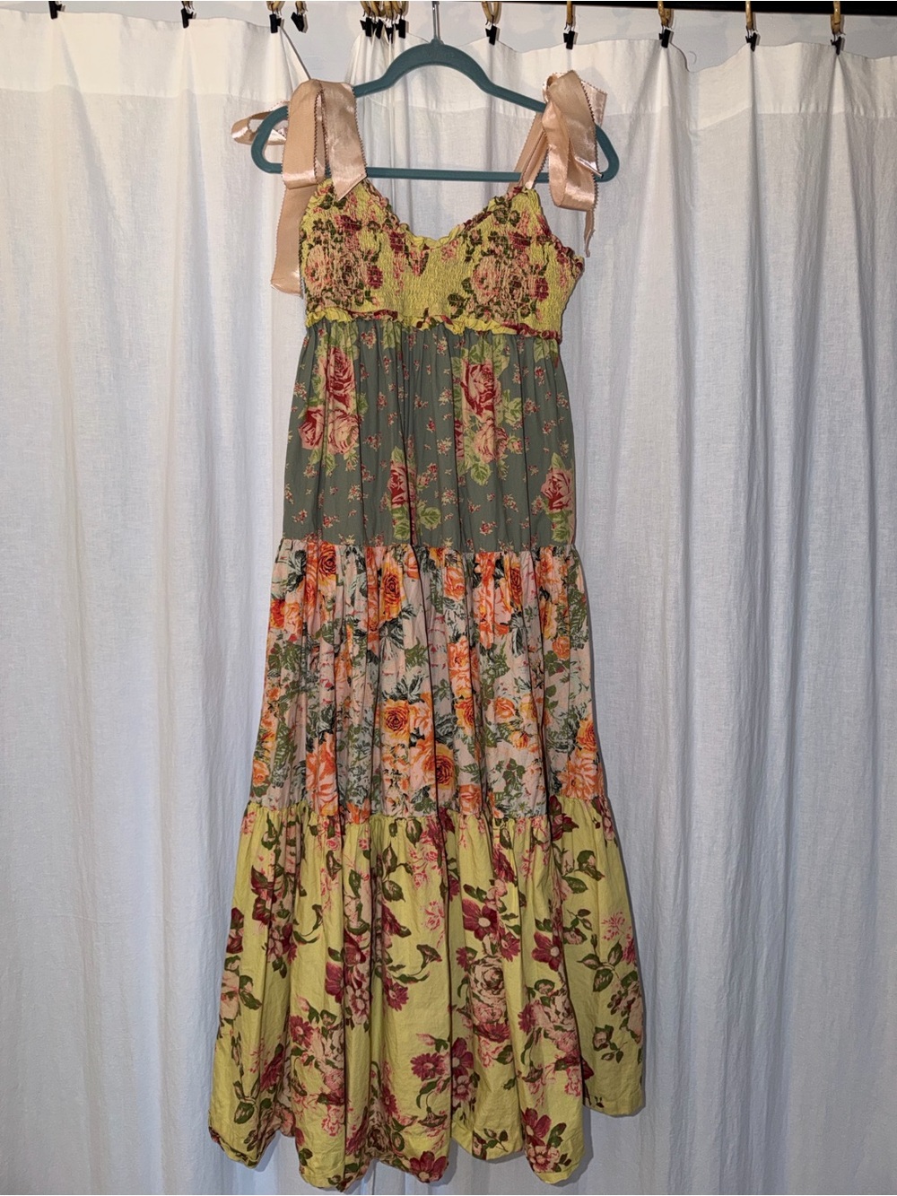 Free People Mixed Floral Tiered Maxi Dress with Pink Ribbon Straps - Picture 3 of 9